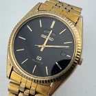 VTG Seiko Quartz Watch 5Y23-8A69 Men Gold Tone Black Fluted Bezel New Batte 6.5"