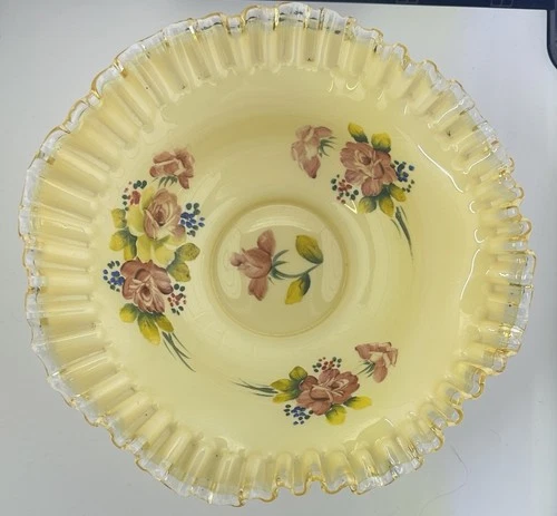 Antique Cased Glass Hand Painted Floral Brides Basket Bowl, Fenton/Silver Crest