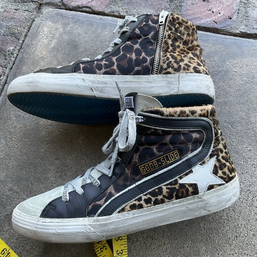 Golden Goose Womens Slide LTD Leopard Print Pony Hair Sneakers Size 41