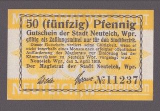 Neuteich Wpr. Magistrat; 50 Pfennig vom 1.4.1919