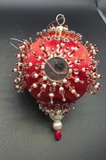 Vintage LeeWards Mirrored Brilliancy Red Satin Sequin Bead Christmas Ornament
