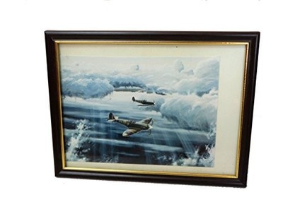 Vintage gerahmter Spitfire Druck zwei Spitfires fliegen über den Ozean - fantastisch 