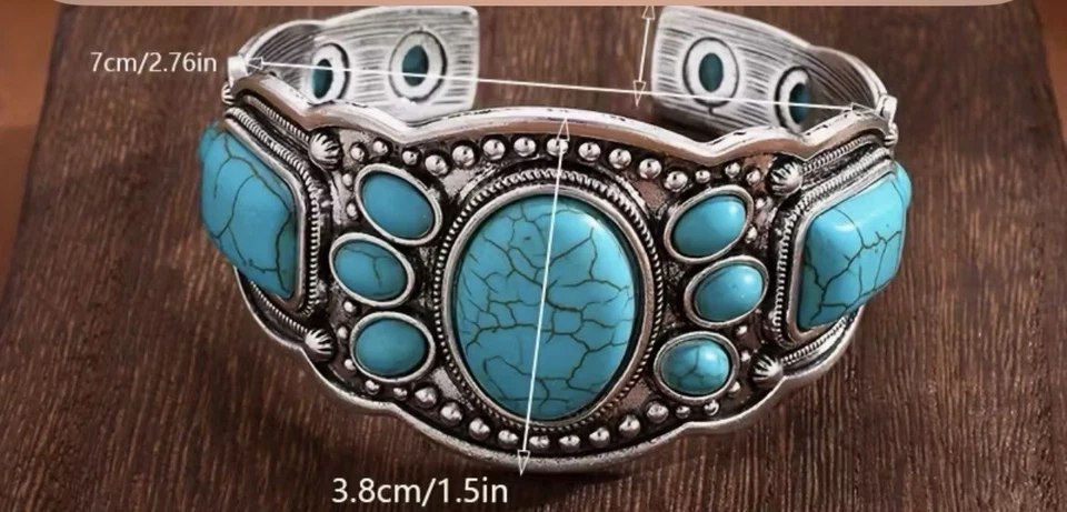 Turquoise Cuff Bracelet Western Boho Silvertone Jewelry - Image 2 of 4