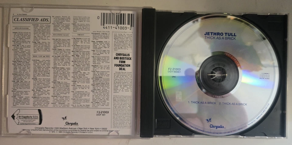 Jethro Tull Thick As A Brick CD 1985 Chrysalis Clean Disc Pre-owned Foto 2 de 3