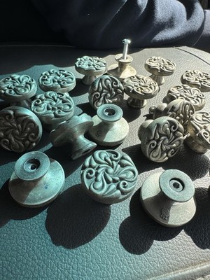Vintage Mid Century BFD Pewter Metal Embossed Round Drawer Cabinet Knobs Lot MCM