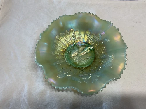 Rare Aqua Opalescent Northwood Carnival Glass “Peacocks on the Fence” Mint Cond