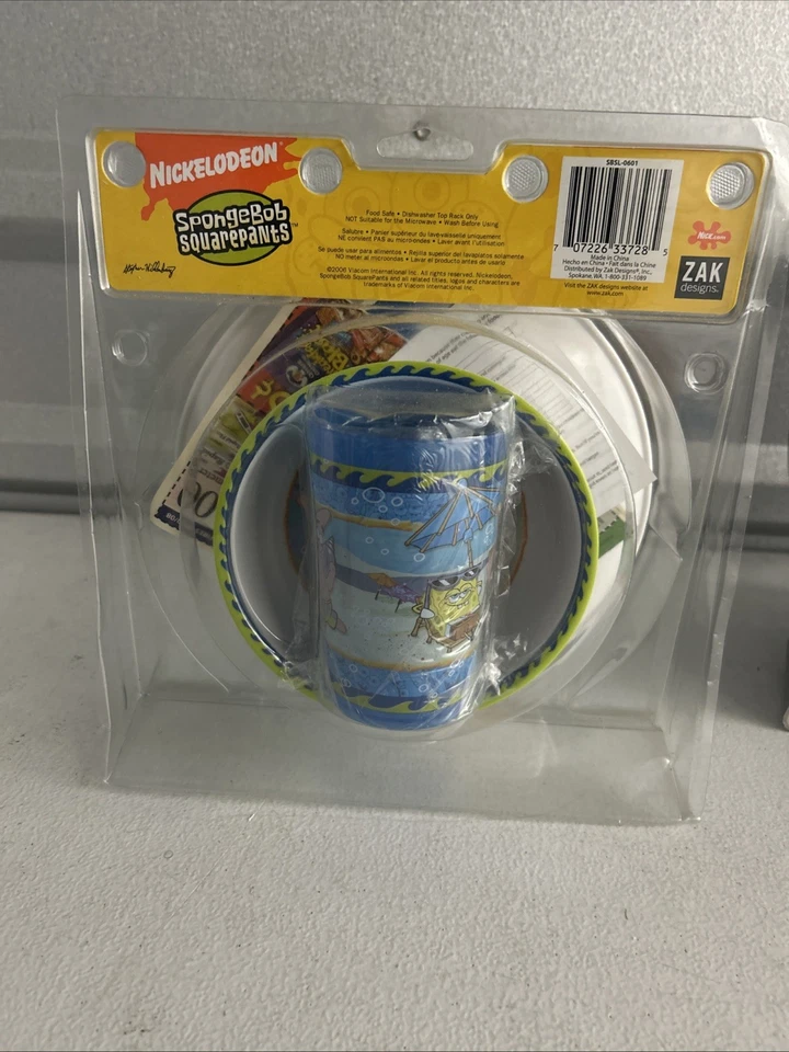 Bob Esponja 2006 Juego de vajilla de 3 piezas y cubiertos adicionales abiertos NUEVO Foto 3 de 4