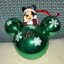 Disney Parks Ornament Santa Mickey Upon Large Green Glass Ball Snowflakes 2014