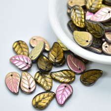 25 Beads - 14x9mm Leaf Top-Hole - Light Olive, Golden Pink- Czech Glass Beads