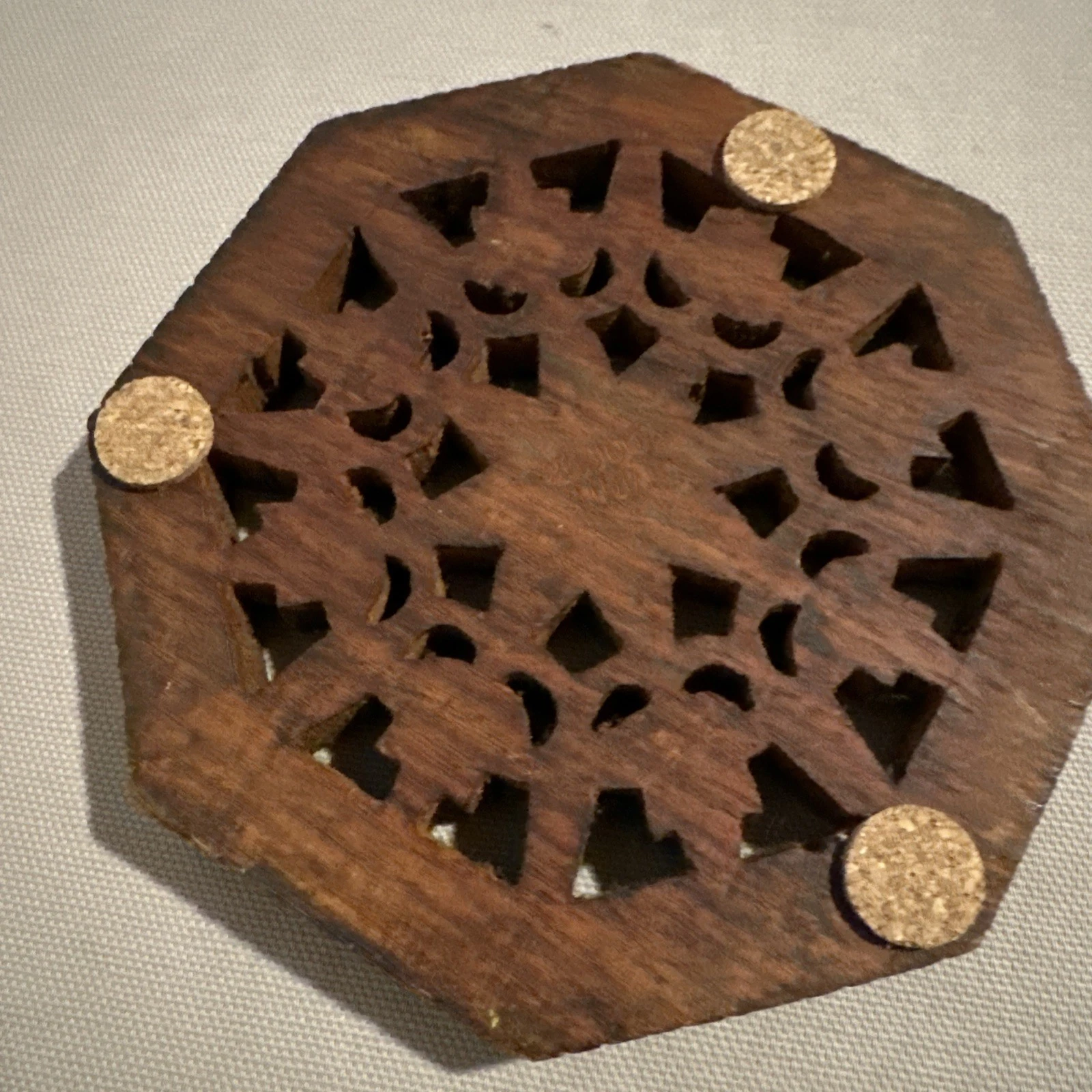 Vintage Octagon-Shape  Carved Wooden Trivet, 5” India image 6