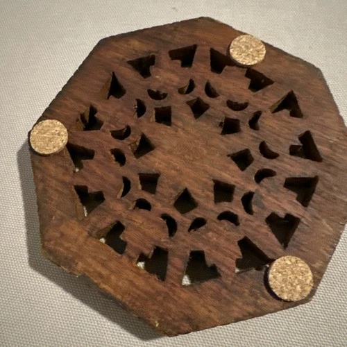 Vintage Octagon-Shape  Carved Wooden Trivet, 5” India image 6