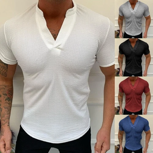 Neu Herren Einfarbig V-Ausschnitt Athleisure Muskel Kurzarm Slim Fit T-Shirts - Bild 3 von 19