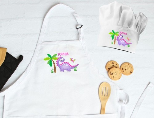 Personalised Dinosaur Chef Hat, Apron, Hat & Apron Child's Kid's Cooking Craft - Picture 8 of 9
