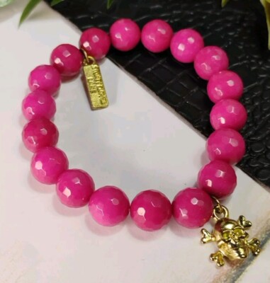 STONEY CLOVER LANE Real Hot Pink Stone Beads w/Gold Tone Skull Charm Bracelet!
