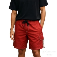 AFTCO Mens Board Short Swim Red Plaid Stripe Drawstring Unlined Size 40