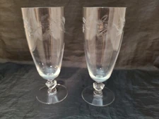 2 Clear CRYSTAL ETCHED Floral Short Stem Wine Water Glasses Goblets 7" 10 fl oz