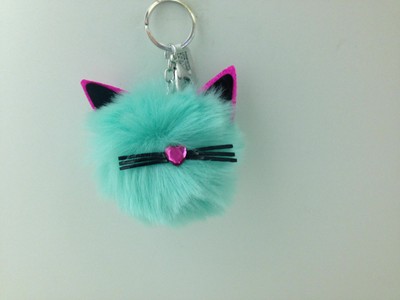 Master Toy Teal Pom Pom Plush Cat with Eyes Backpack Clip/Car Charm 3''