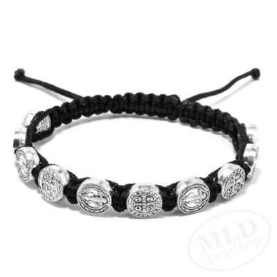 Black Macrame Saint St Benedict Medal Cord Bracelet - Adjustable, 10 Medals