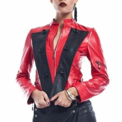 NOORA Women's Lambskin Leather Jacket Red & Black Combination slim fit.