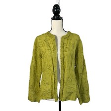 Chico s Lightweight Boho Green Silk/Linen Open Front Shirt/Jacket Embroidered 2