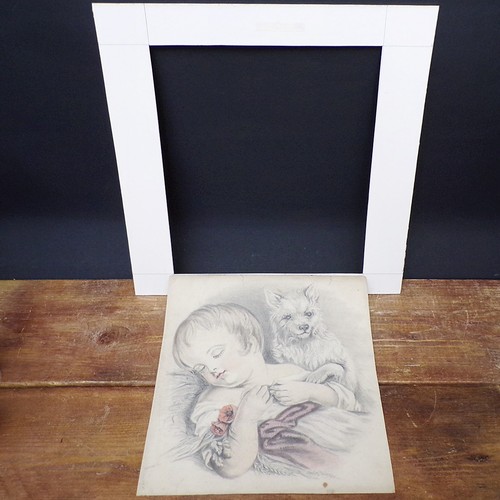 Antique Pencil Drawing Portrait Original Child Dog Baby Terrier Picture Art - Picture 10 of 12
