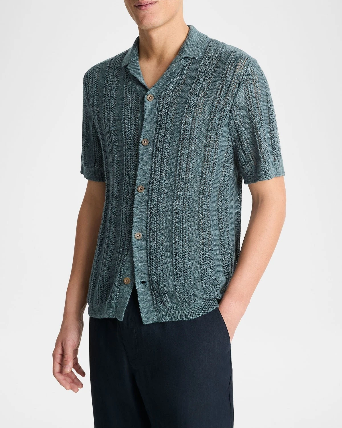 VINCE Button Shirt Mens Large Teal Blue Cabana Ribbed Cotton Linen Knit $368