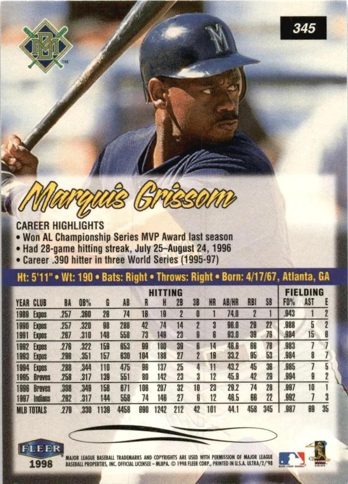 1998 Ultra #345 Marquis Grissom GREAT CARD!! - Image 2 of 2