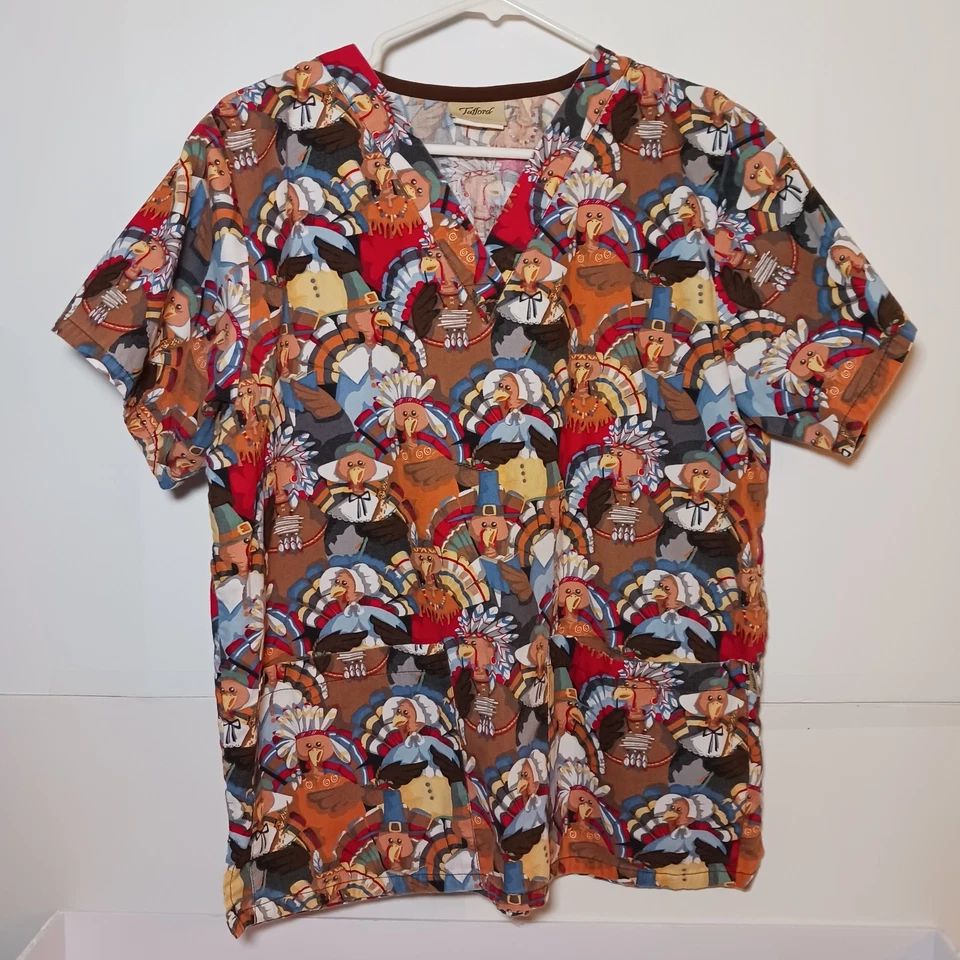 Tafford Thanksgiving Cotton Blend V Neck Scrub Top Sz S - Image 2 of 4