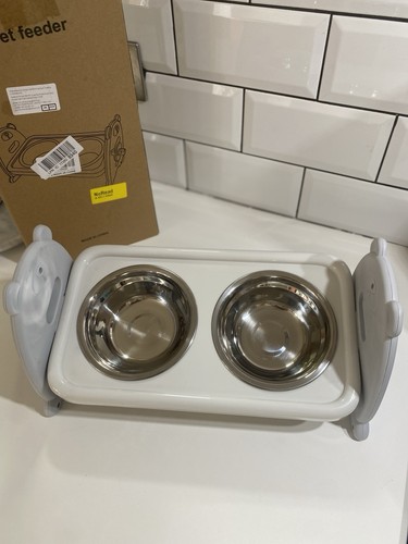 Stainless Steel Elevated Pet Bowl Dual Feeder Cute Teddy Cat Dog Food Water Bowl