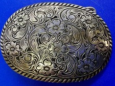 Western Oval Flower Swirl Ornate Rope Boarder Cowboy Cowgirl Belt Buckle