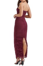 House of CB Med Gradient Color Strapless Ruched Mesh Gown Maroon Cocktail Party