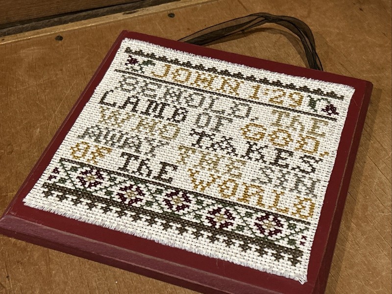 Vintage Completed Framed Primitive Cross Stitch Bible Verse John 1:29