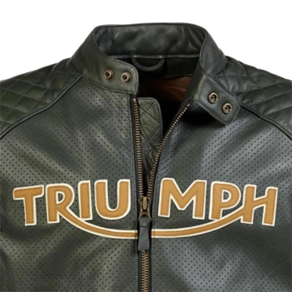 Chaqueta de cuero Triumph para carreras de motocicletas Chaqueta de cuero de vaca de motociclista verde Triumph Foto 2 de 4