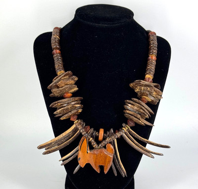 Vintage Hand Carved Wood Coconut Shell Statement Necklace Tribal Animal Pendant