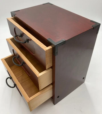 Japanese Wooden 3 Drawer Chest Box Vintage Tansu Style Small Storage Japan - Image 1 of 4