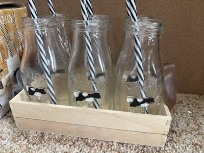 13 Pc Dairy Glass Milk Bottle Set Cow Design Straws Wood Tray 10 oz