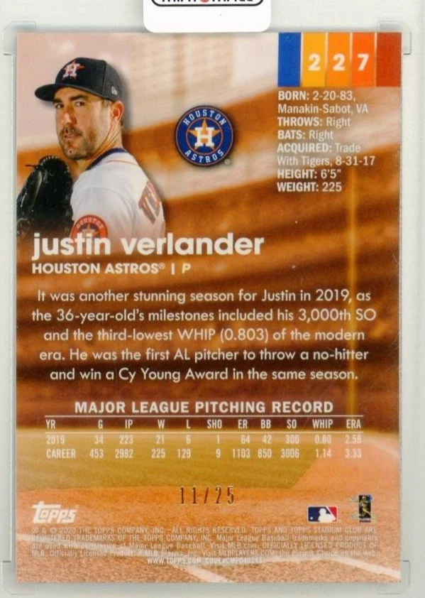 2020 Stadium Club Chrome Orange Refractor Justin Verlander / Houston Astros /25 - Image 2 of 2
