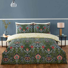 Image of Floral Quilt Duvet Cover Set Reversible Easy Care Bedding Multicolour Navy Green