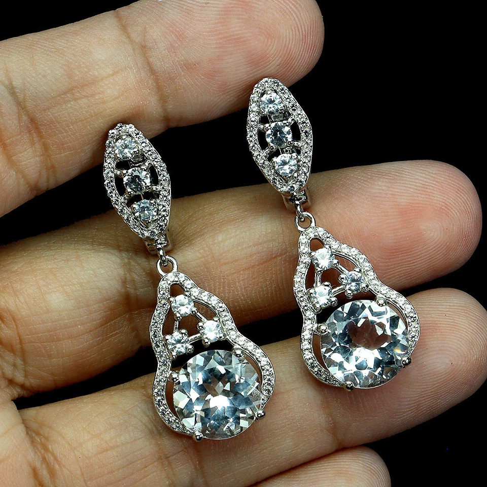 925 Sterling Silver Earrings Round Topaz 10mm Natural Gemstone Jewelry - Image 2 of 4