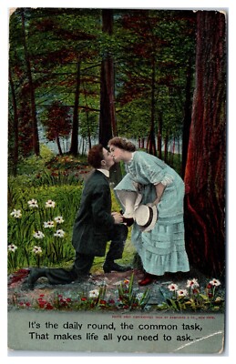 Man on Bended Knee Kissing Lady in Forest c1910 Postcard