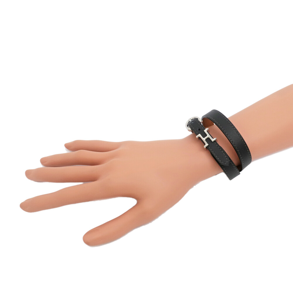 HERMES ブラックレザー ラップブレスレット HERMES Wrap Bracelet Black Leather Silver Hardware H Motif Size T5