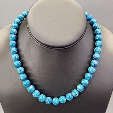 Beaded Necklace Blue Speckled Ceramic Push In Clasp Jewelry 16"