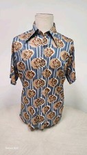 VTG 70s Hawaiian Shirt Men Blue Stripe Floral Tiki Disco Camp Collar Button Up