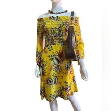 Anthropologie Farm Rio Bria Smocked Yellow Tropical Print Midi Dress Size S EUC