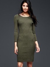 NWT Gap Ribbed Waist Long-Sleeve Sweater Dress, Green Heather SIZE L