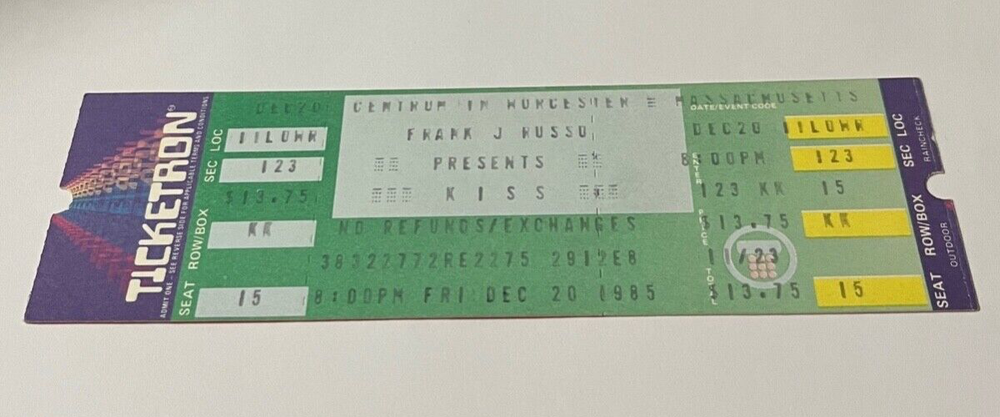 KISS 1985 CONCERT TICKET FULL UNUSED Untorn Dec 20 1985 Worcester Massachusetts