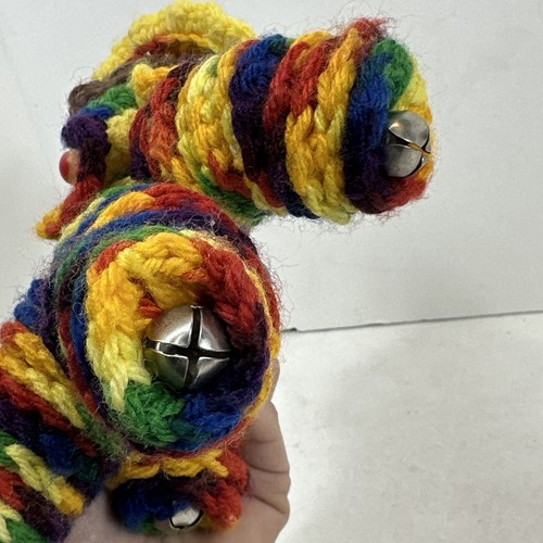 Vintage Handmade Crochet Doll Clown Yarn Disc 9" Orange Green Red Yellow Bells - Picture 4 of 11