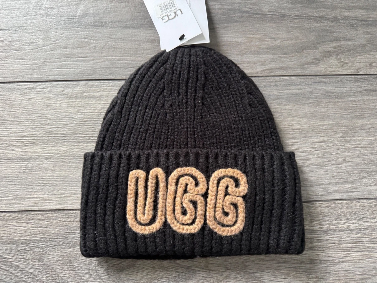 UGG Unisex Black Ribbed Aiken Beanie with Tan Logo UGG Black Beanie Hats for Women for sale | eBay main image 3
