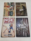 Vintage Metal Tin Wall Sign Plaques Route 66, NGK Sparks, Dirt Bike Lot Of 4