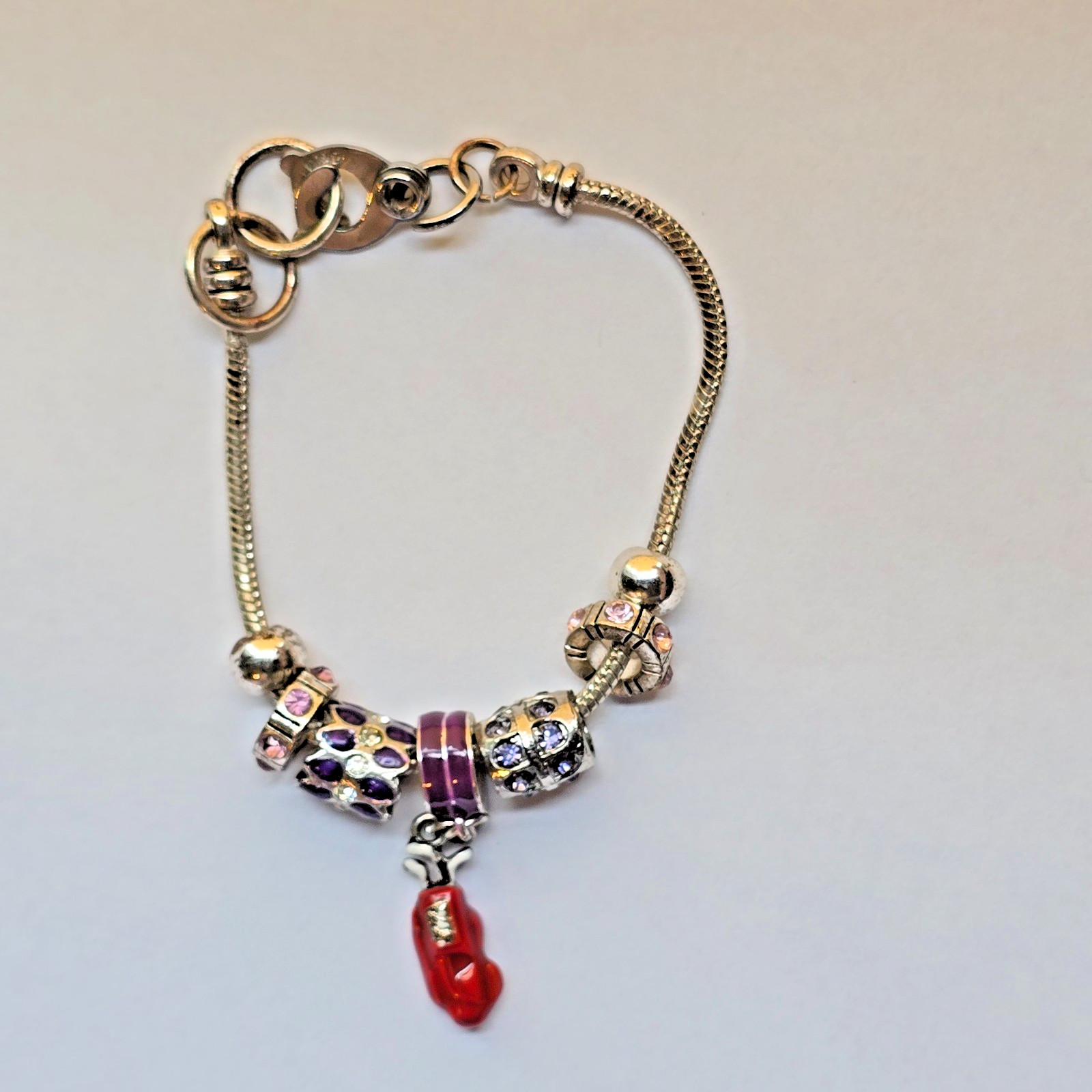 European Charm Bracelet Purple Dangle Enamel Beads Gold Tone Rhinestone Size 6.5